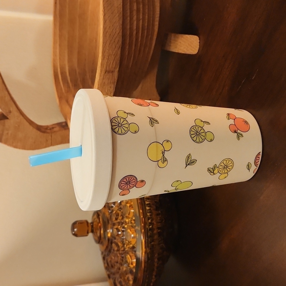 Disney Tumbler Cup Mickey Ears Citrus Mickeys Tan Cup Blue Straw